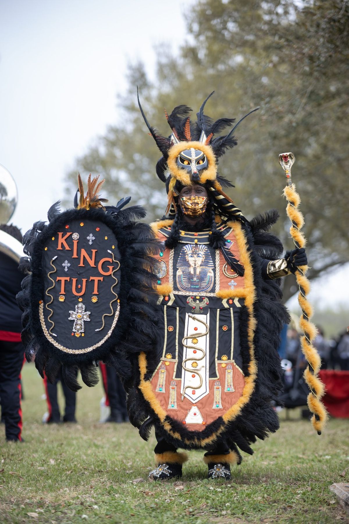 A marcher in a feathered King Tut suit